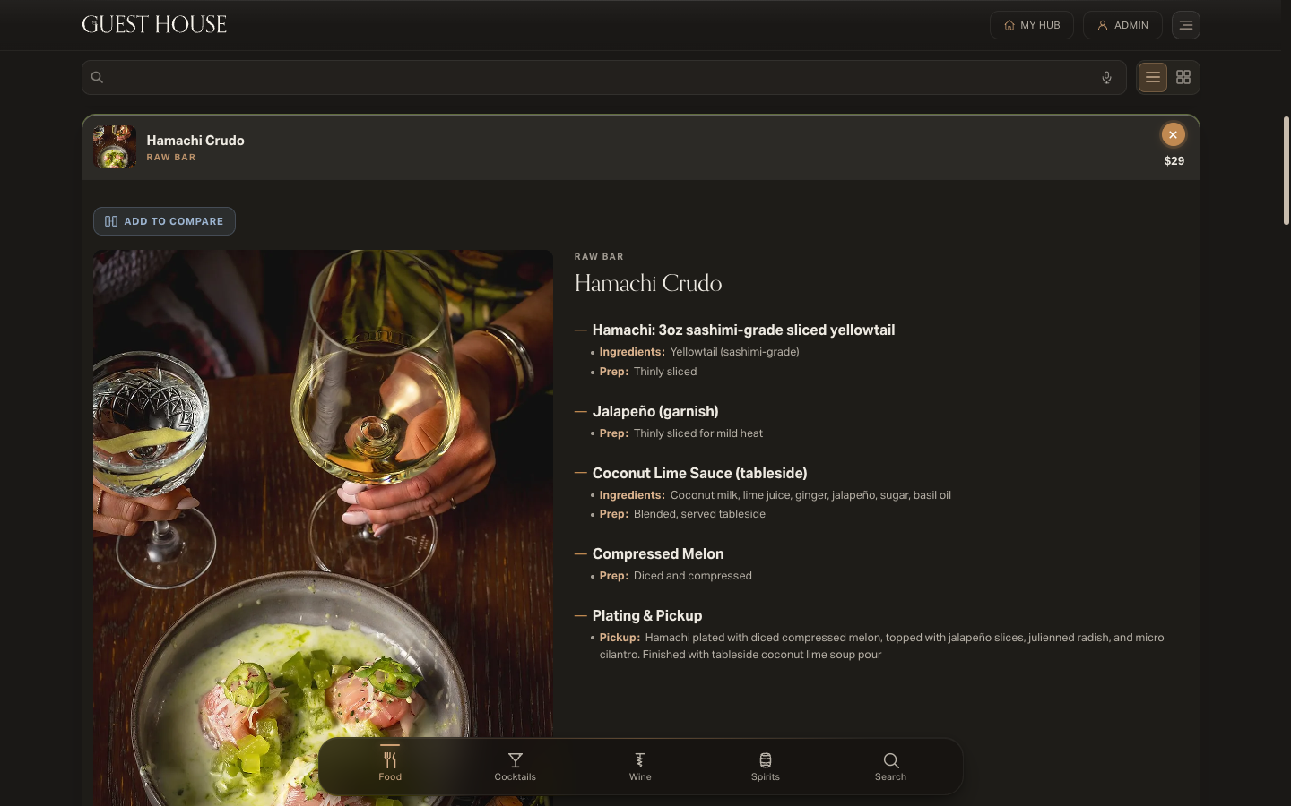 A dish record: Hamachi Crudo with component builds, prep, and plating spec