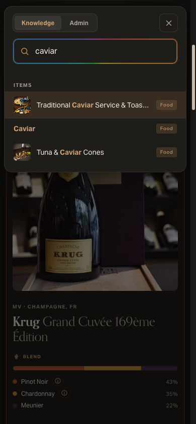 Search everything on a phone: typing caviar surfaces the caviar service and tuna cones instantly