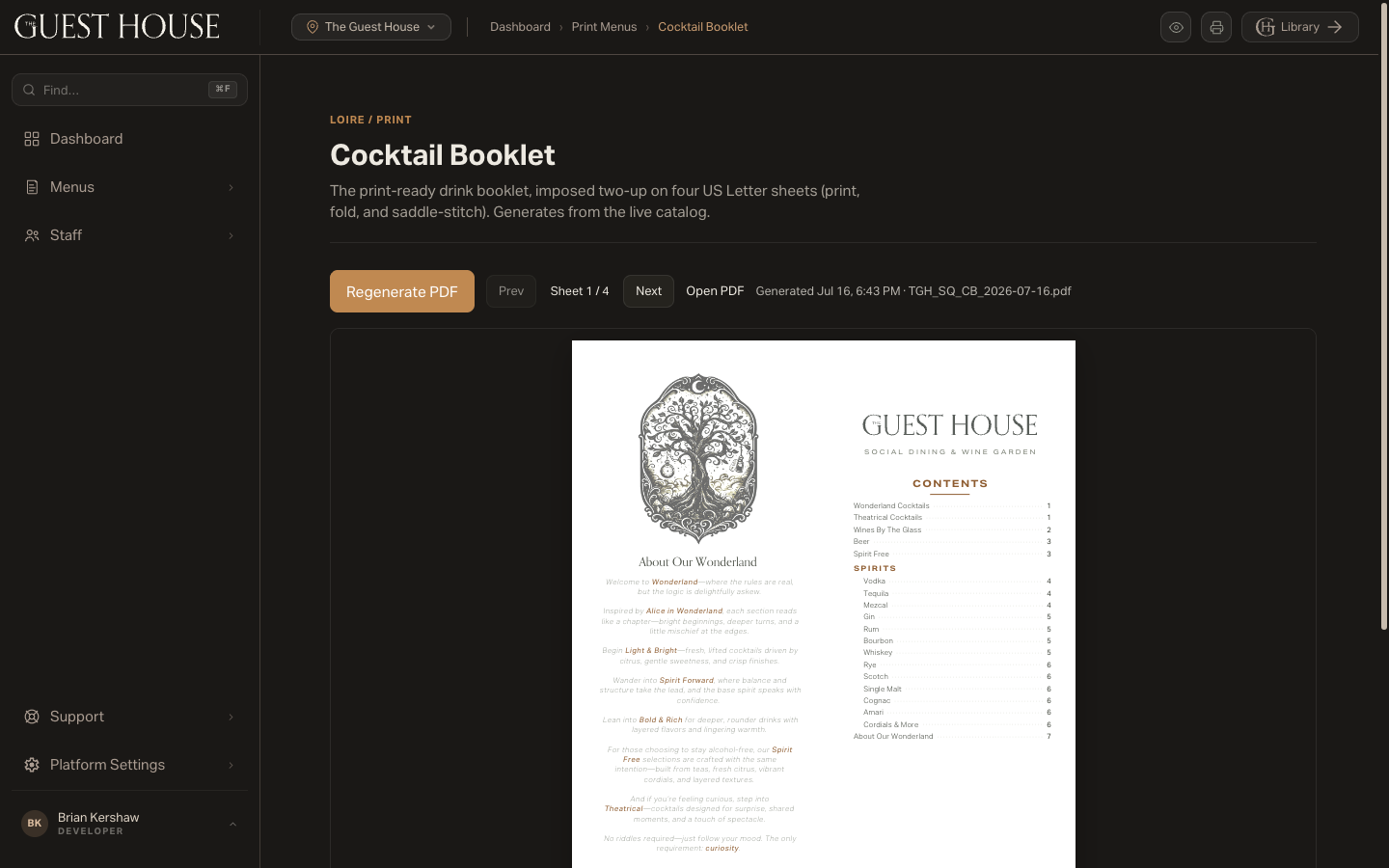 The generated cocktail booklet: cover spread and contents, imposed two-up for fold and saddle-stitch