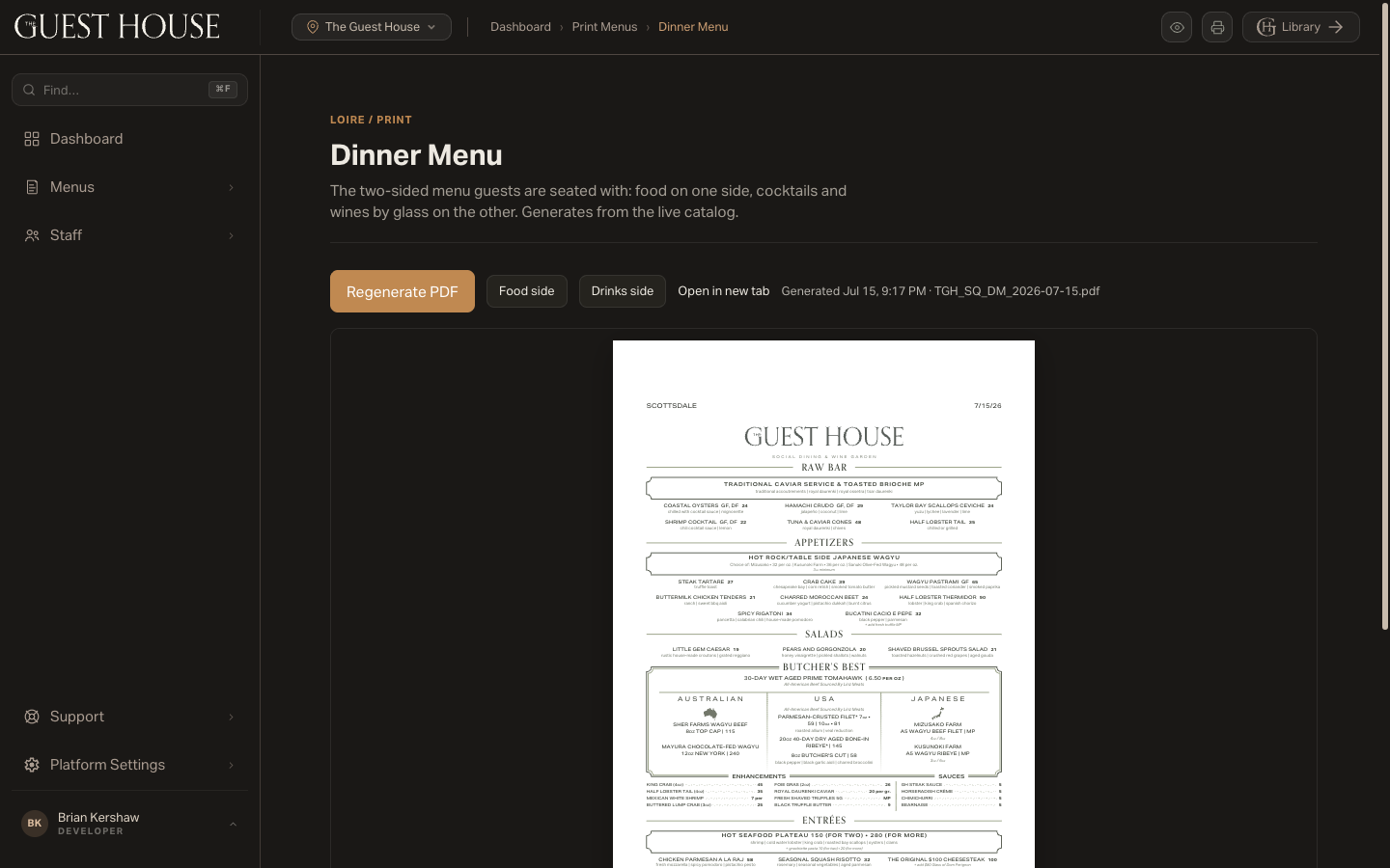 The generated dinner menu: raw bar, appetizers, and the three-column butcher section on one printed side