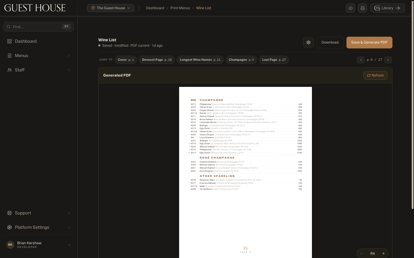The generated wine list: champagne pages with bins, dot leaders, and right-aligned prices