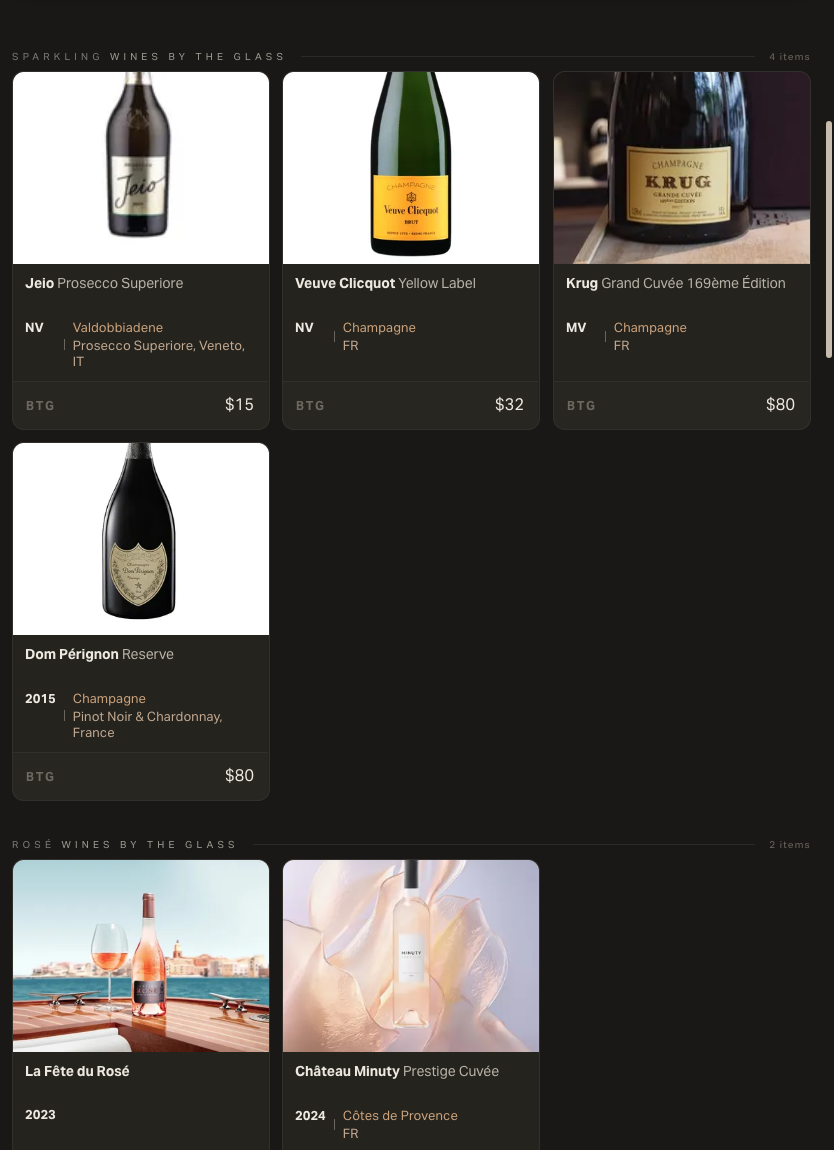 The wine grid on a tablet: sparkling and rosé sections with bottle photography