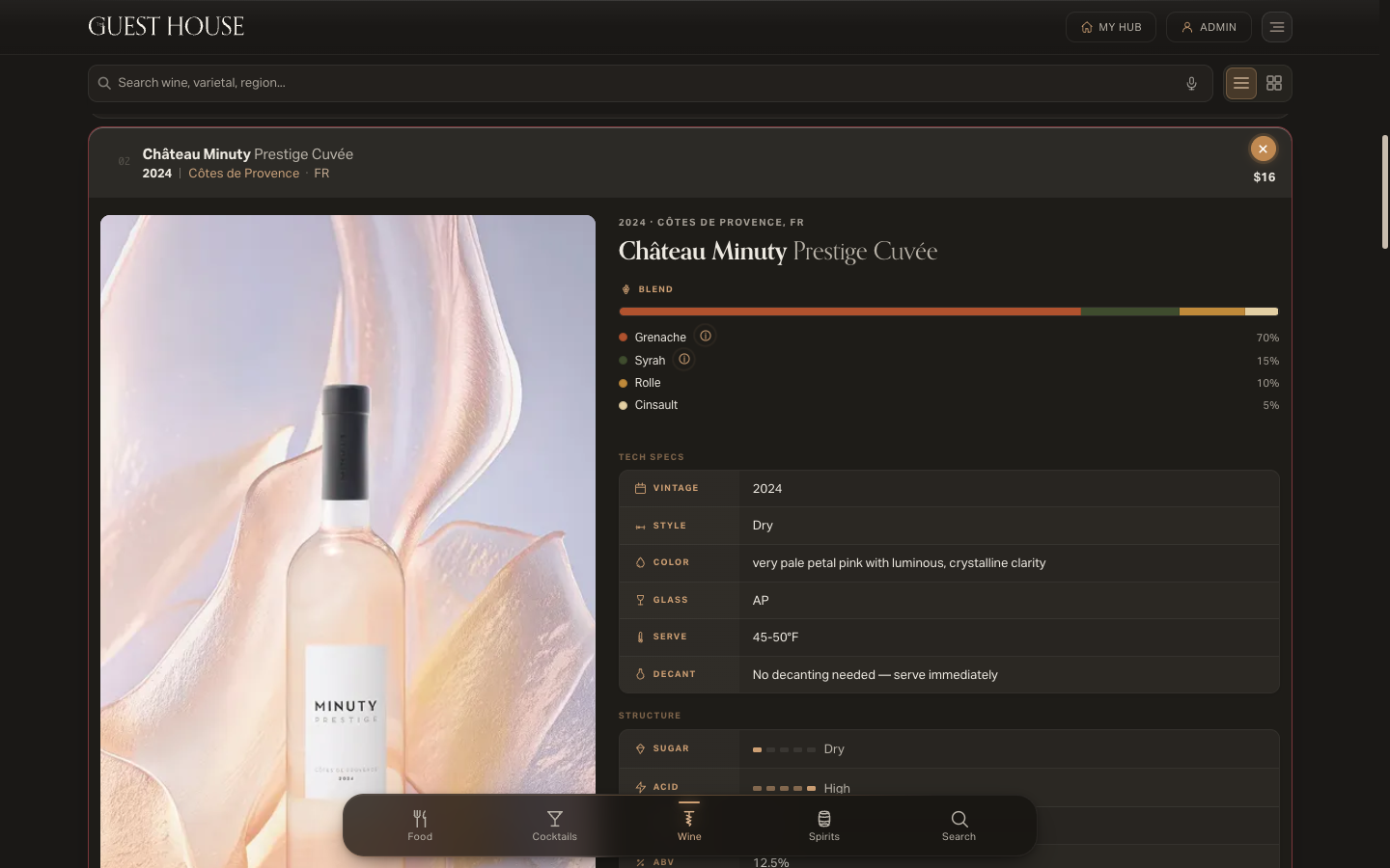 A canonical wine record in the platform: Château Minuty Prestige Cuvée with blend composition, tech specs, and structure gauges